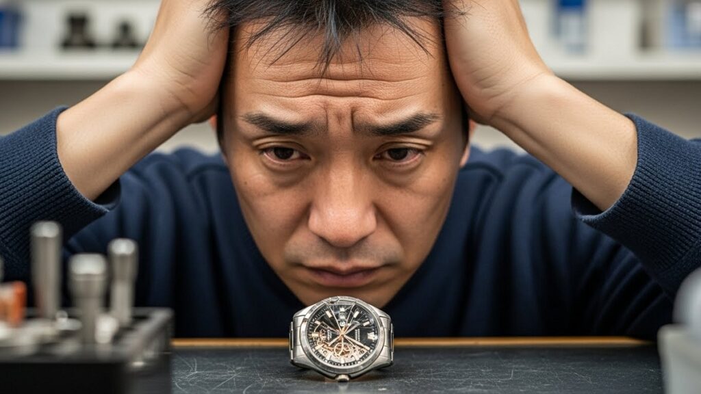 壊れて動かなくなったスーパーコピー時計を前に、困った表情で頭を抱える日本人の男性。修理を断られた絶望感を表現した写真