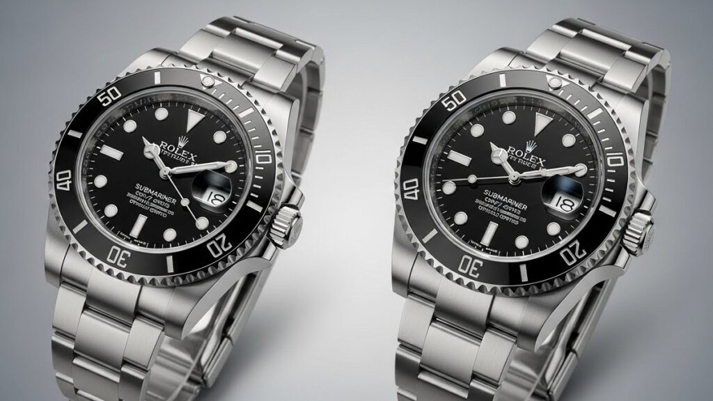 ロレックスサブマリーナのノンデイト(Ref.124060)とデイト(Ref.126610LN)を並べて比較した高精細写真