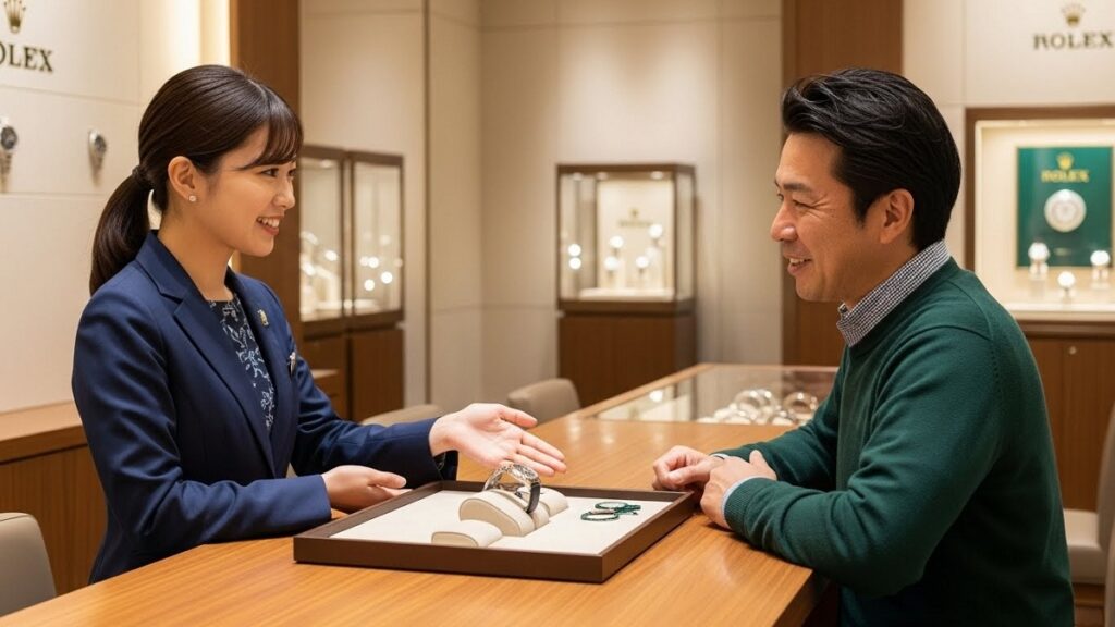 ロレックス正規店の落ち着いたカウンターで、日本人の店員と顧客が対話している様子