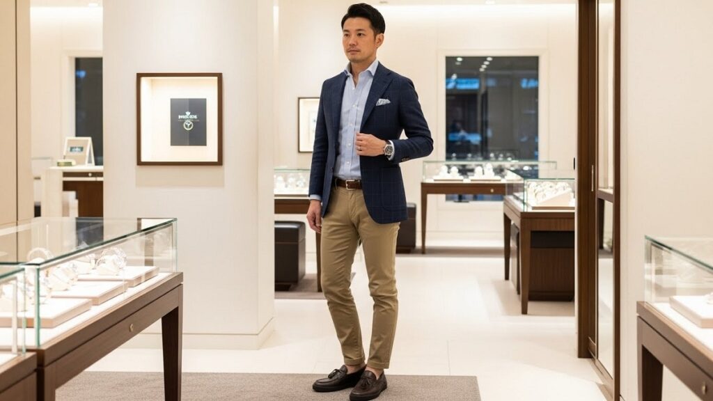 ロレックス正規店への来店に適した、清潔感のあるビジネスカジュアルスタイルの日本人男性。