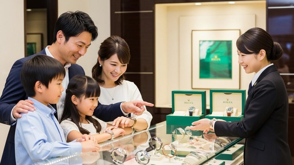ロレックス正規店で楽しそうに時計を選んでいる幸せそうな日本人家族の姿
