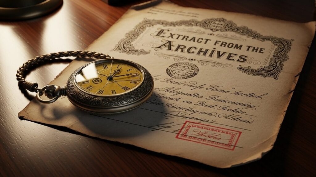 木製のテーブルの上に置かれたアンティーク時計と、その真贋と価値を証明する重要な古びた紙の証明書（アーカイブ抄本）のイメージ
