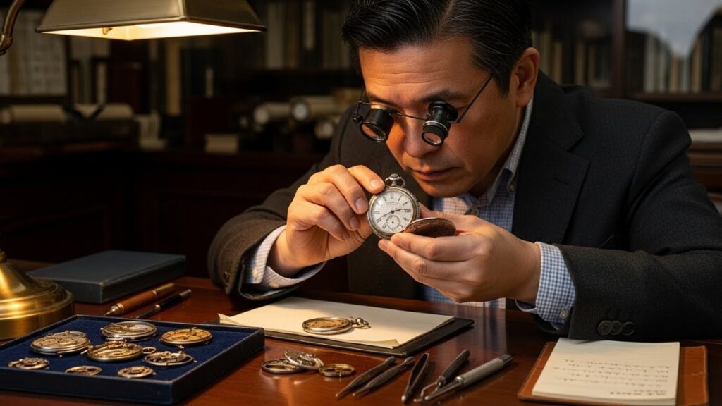 文字盤のリダンや細部のコンディションを見極めるため、キズミ（ルーペ）を目に当ててアンティーク時計を厳密に検査している日本人鑑定士