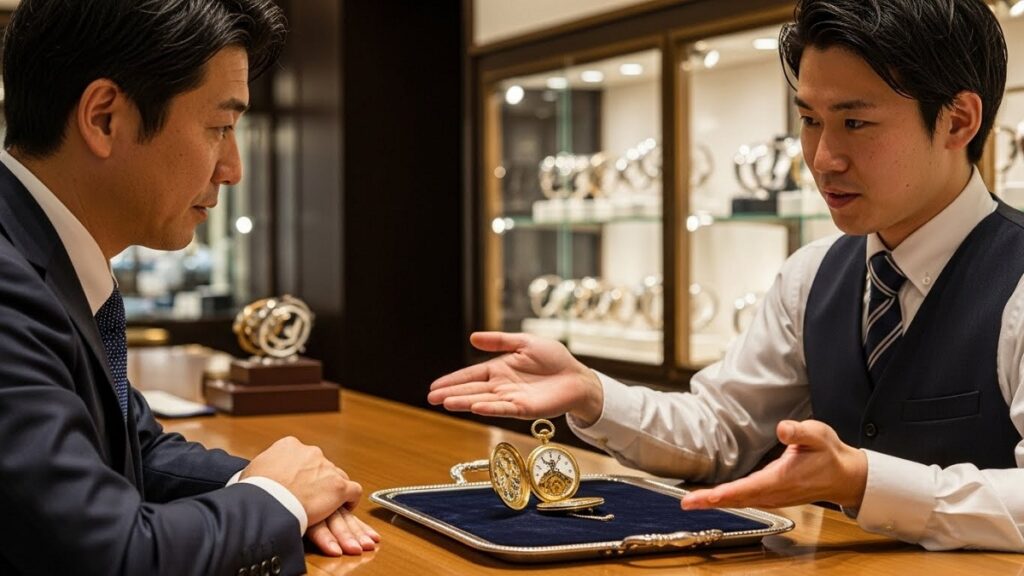 高級感のある時計専門店のカウンターで、トレーに置かれたアンティーク時計を前に、信頼できる店員と商談をしている日本人男性客