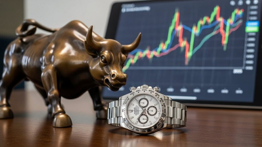 2025年のロレックス投資において絶対的な安定資産とされるコスモグラフ デイトナ(白文字盤)と、金融市場を示す雄牛の像、チャートが並び、資産価値の盤石さを示している。