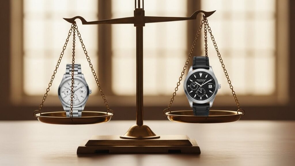 本物の高級腕時計と、価値のないスーパーコピー時計を天秤にかけて比較しているイメージ画像。経済的な損失を視覚的に表現