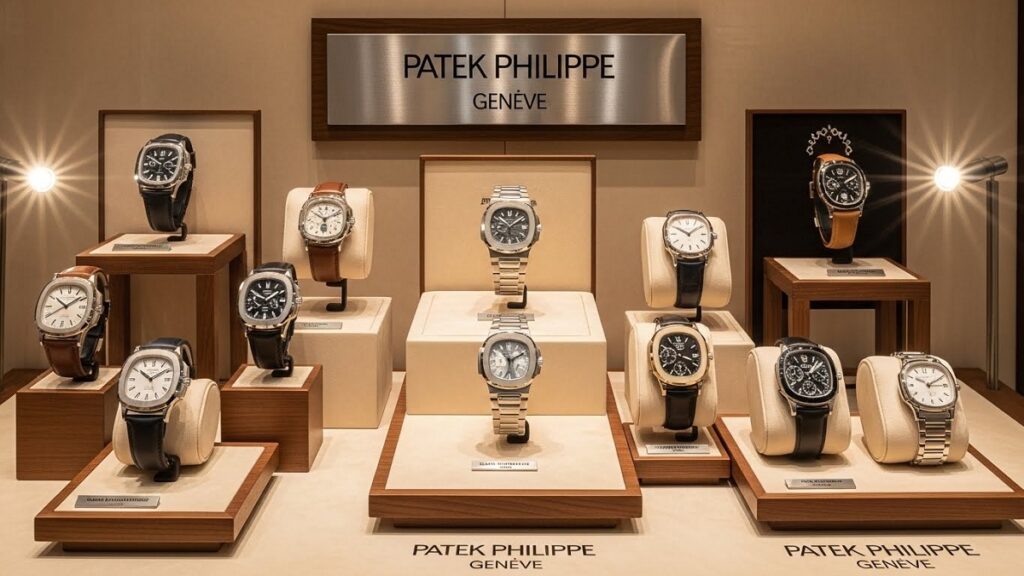 高級感あふれるパテック・フィリップのブティックのショーケースに、ノーチラスやカラトラバなどの主要モデルが美しくディスプレイされている様子