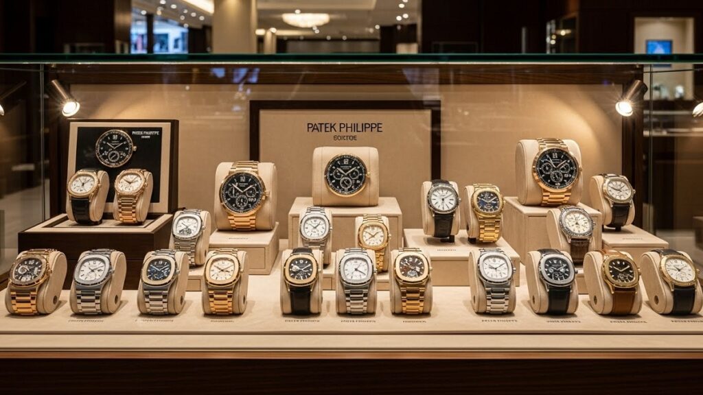 高級時計店のガラスショーケース内に整然と陳列された多数のパテックフィリップの腕時計