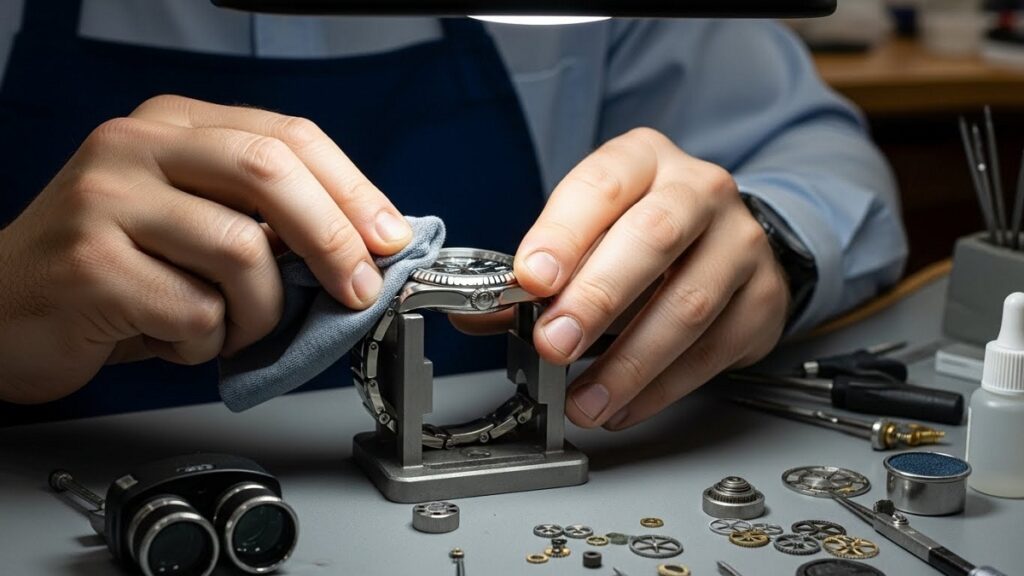 専門の時計職人が高級腕時計を丁寧に研磨しメンテナンスを行っている手元のクローズアップ