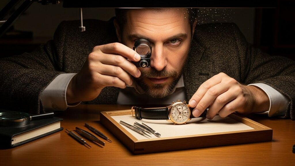 鑑定用ルーペを目に当てて腕時計のムーブメントを真剣に検査するプロの鑑定士