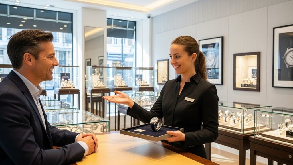 明るく清潔感のある高級時計店のカウンターで笑顔で商談をする店員と顧客