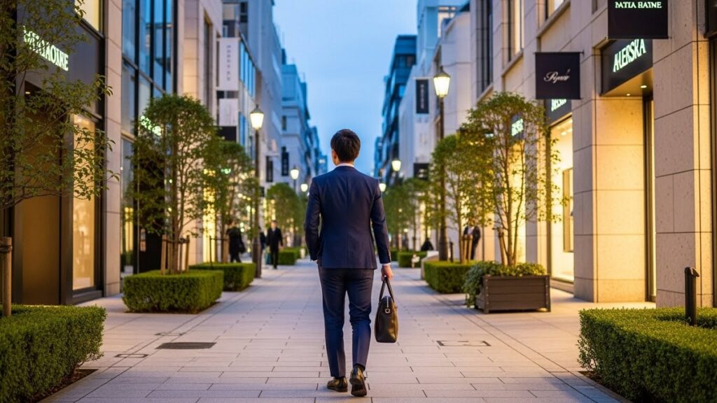 東京・南青山の洗練された街並みを歩きながらブティックへ向かう日本人男性の後ろ姿
