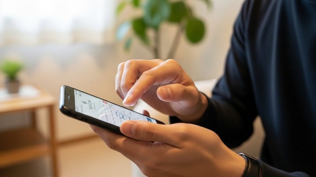 落ち着いたリビングでスマートフォンを操作し、時計店の来店予約を行っている日本人男性の手元