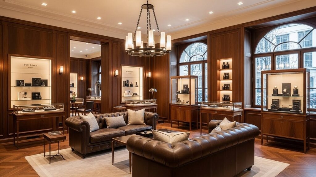 高級木材とレザーソファが配置された、スイス本店の世界観を再現したラグジュアリーなブティックの内装