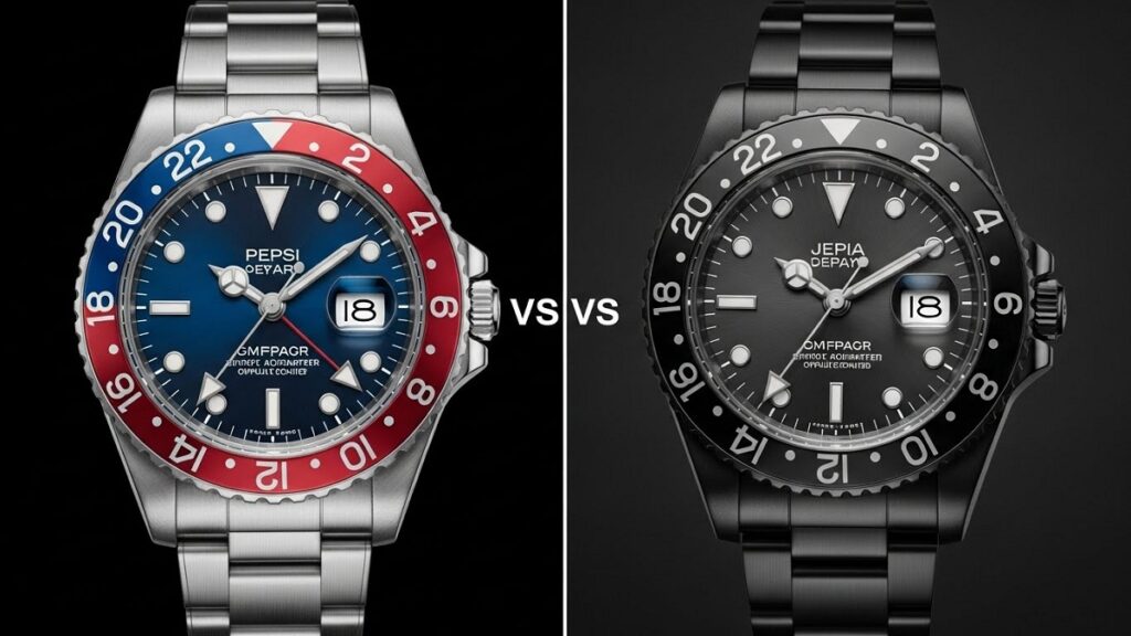定価を超えるプレミア価格で取引されるGMTマスターIIの「ペプシ」(青赤)と「ブルース・ウェイン」(グレー黒)を対比した画像。アイコニックなデザインと希少性を示唆している。