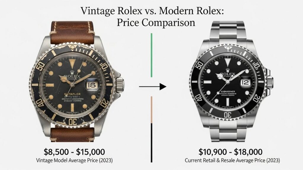 日本語: アンティークロレックスと現行ロレックスを並べた比較図。現代的な高価格と、古いモデルの低価格のコントラストを表現。