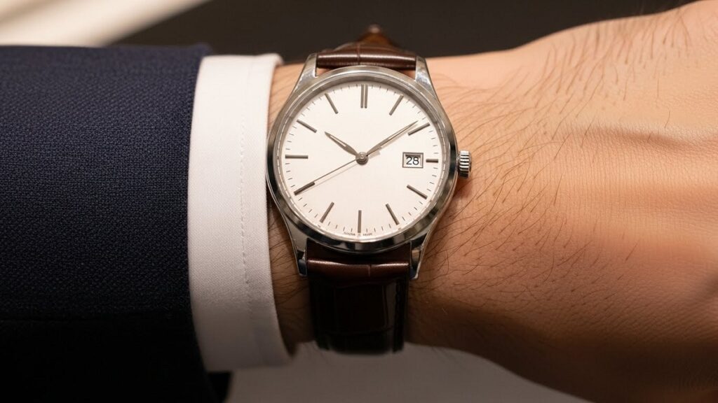 レザーストラップのクラシックな高級ドレスウォッチを身につけた日本人の手元