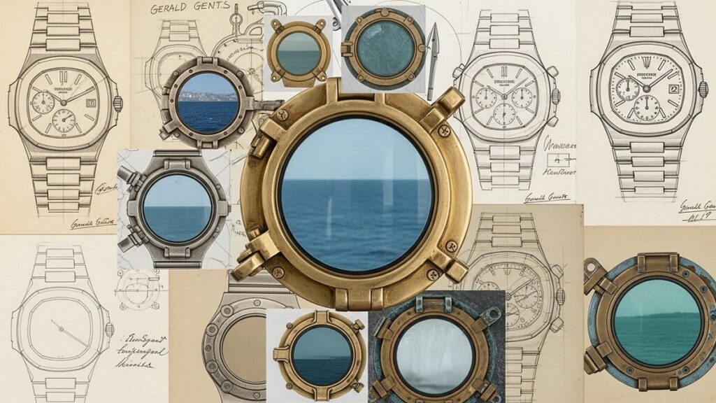 ノーチラスのオリジナルデザインスケッチと、船の舷窓（ポートホール）の写真を並べたコラージュ。ジェラルド・ジェンタのデザインインスピレーションを視覚的に表現