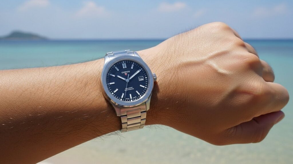 太陽光が降り注ぐ高級リゾートのテラスで、スポーティーな服装のアジア人男性の手首に着用されたステンレス製のアクアノート Ref. 5167A