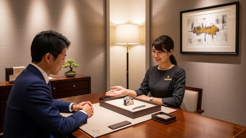 ブティックの個室で日本人スタッフから丁寧に時計の説明を受けている日本人顧客の穏やかな商談風景