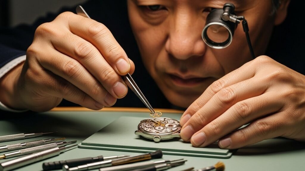 熟練した時計職人が、パテック フィリップの精密な機械式ムーブメントを慎重にメンテナンスしている様子を捉えたクローズアップ写真