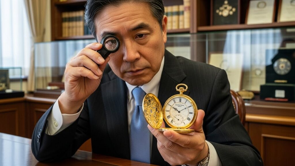 ルーペを使って慎重に金無垢の懐中時計を鑑定しているスーツ姿の日本人男性