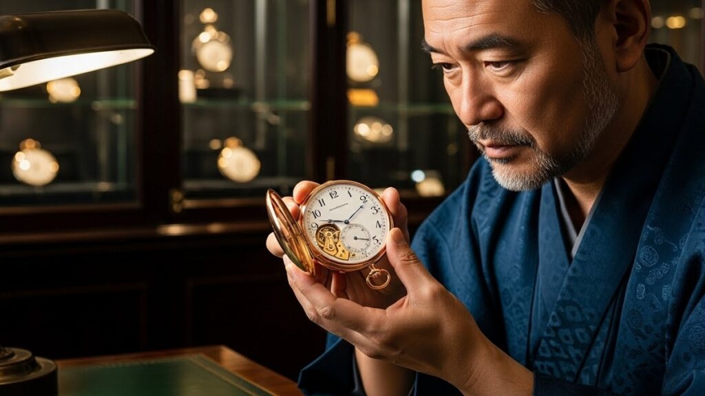 クロノメトロ・ゴンドーロを想起させる、大型で存在感のあるアンティーク懐中時計を手に持ち、文字盤を眺める日本人コレクター