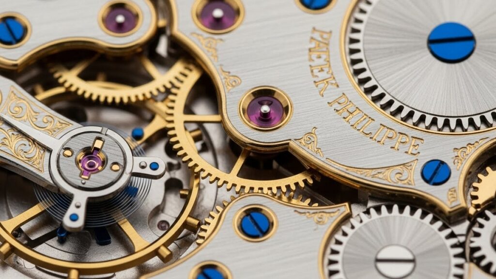 懐中時計の裏蓋が開かれ、ウルフティース歯車などの精緻なムーブメント部品が拡大されているマクロ視点の様子