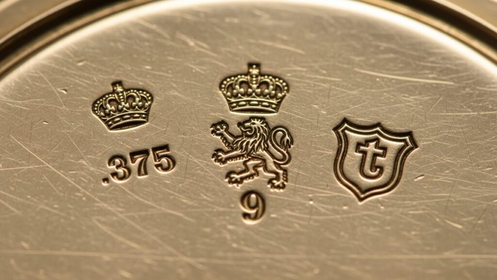 虫眼鏡を通して拡大して見える、金無垢ケースに刻印された貴金属のホールマーク