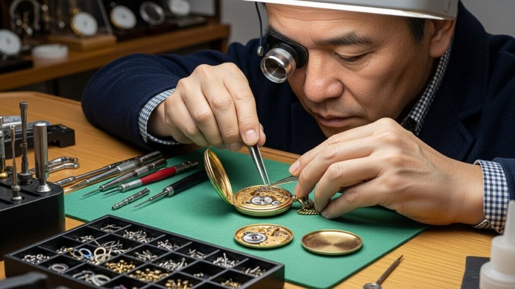 専用の作業机で、ピンセットを用いて懐中時計の微細な部品を分解・修理している熟練した日本人時計師