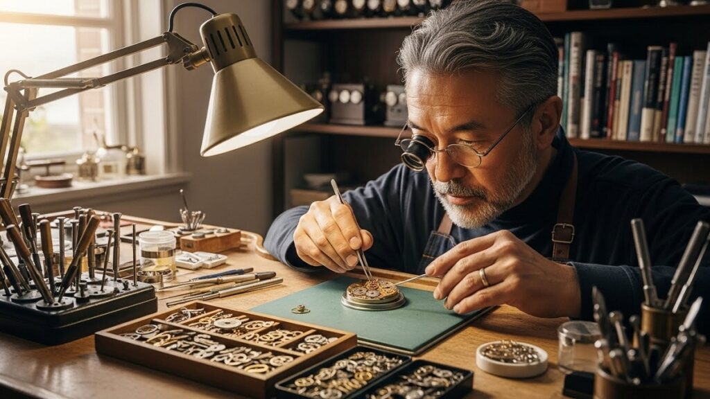 日本ロレックスでの修理受付が終了した古い時計を、民間修理店に持ち込む様子。部品不足と高額な修理費用に悩む日本人男性のイラスト。