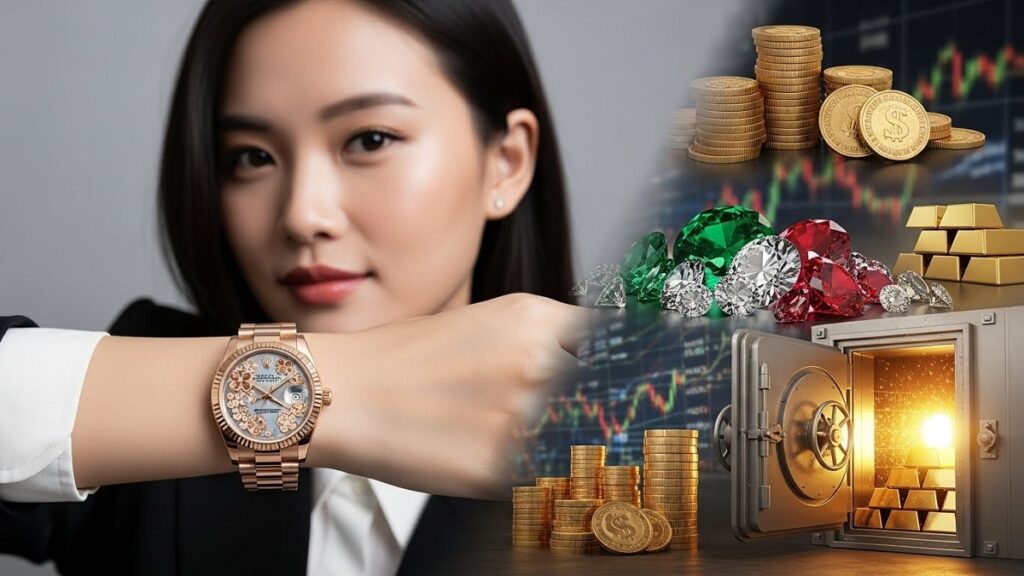 投資価値が見直されているロレックスのレディースモデル。フラワーモチーフダイヤルのデイトジャスト31を着用するアジア人女性の腕元と、資産のイメージを重ねて描写。