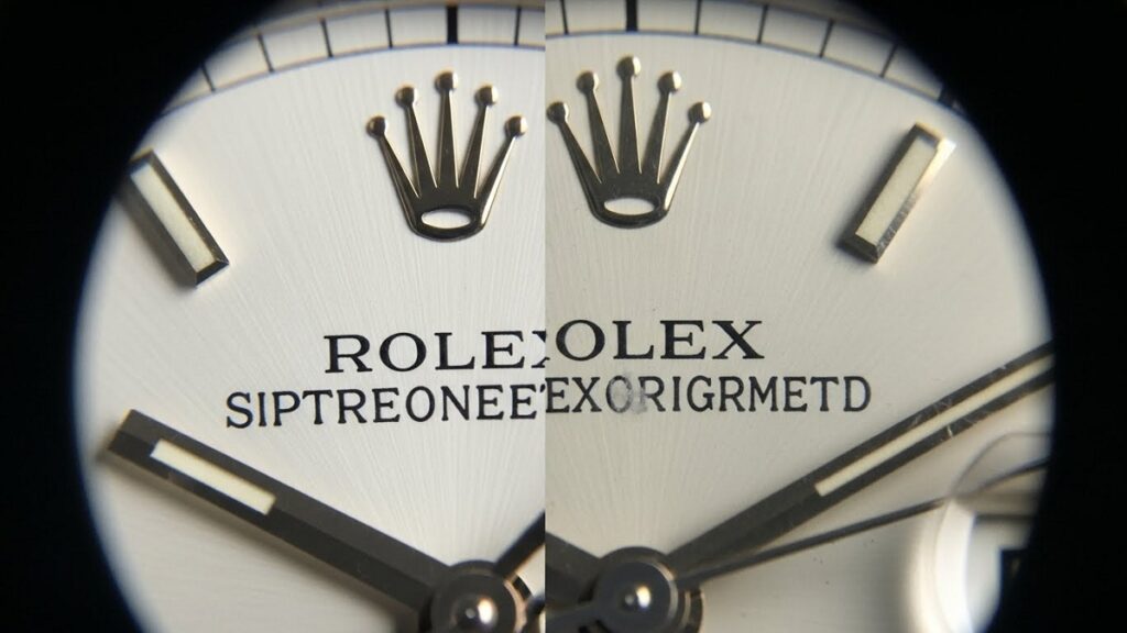 ルーペで拡大されたロレックスの文字盤。王冠マークやインデックスの仕上げをクローズアップし、本物と偽物の品質の違いを比較する様子。
