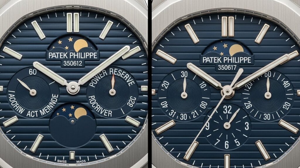 パテック フィリップ ノーチラス Ref. 3712/1AとRef. 5712/1A-001の文字盤を並べて拡大比較した写真。7時位置のインデックスやデイト表示の数字の向きの違いを強調