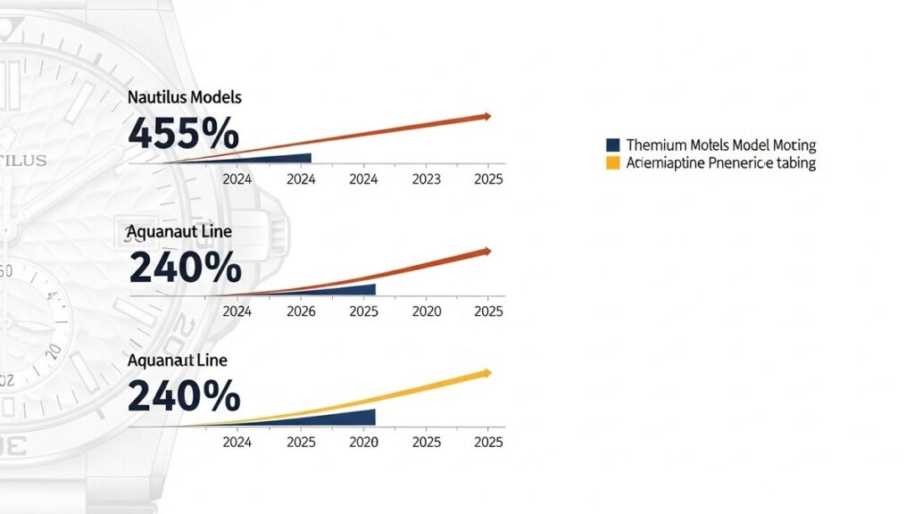 パテック・フィリップの主要モデル（ノーチラス、アクアノート、コンプリケーション、カラトラバ）の2024年から2025年にかけての定価上昇率を示す、洗練されたデザインのインフォグラフィック