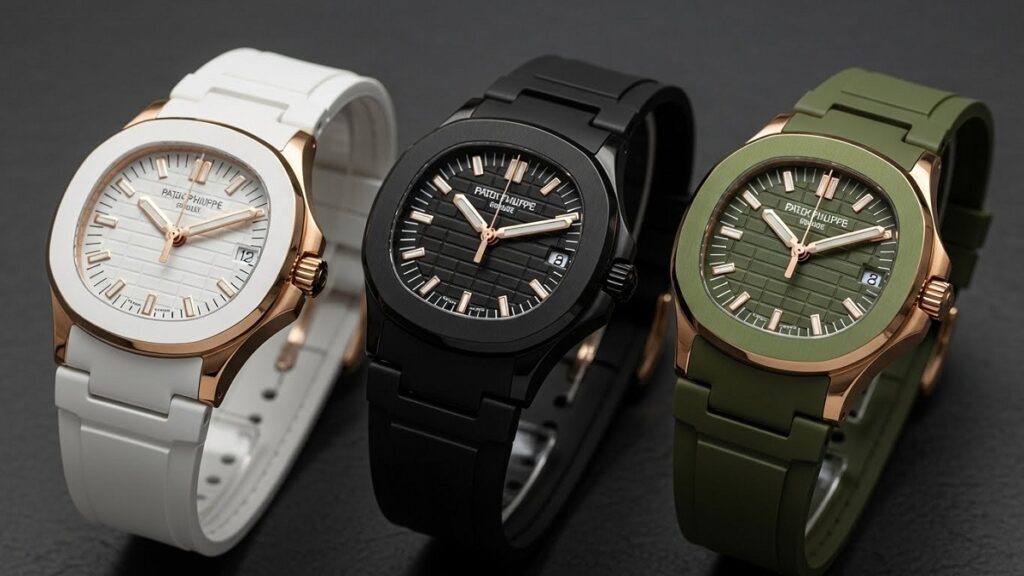 パテック フィリップ アクアノート・ルーチェ Ref.5267の3色（マット・ホワイト、ブラック、カーキグリーン）を並べた比較画像