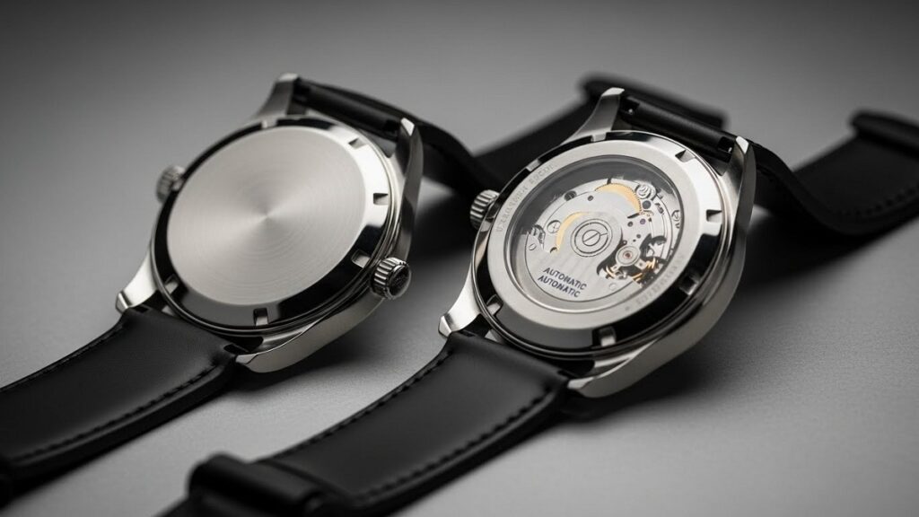 アクアノート・ルーチェのクォーツモデル（Ref.5267）の裏蓋と、自動巻きモデル（Ref.5268）のシースルーバックから見えるムーブメントの比較画像