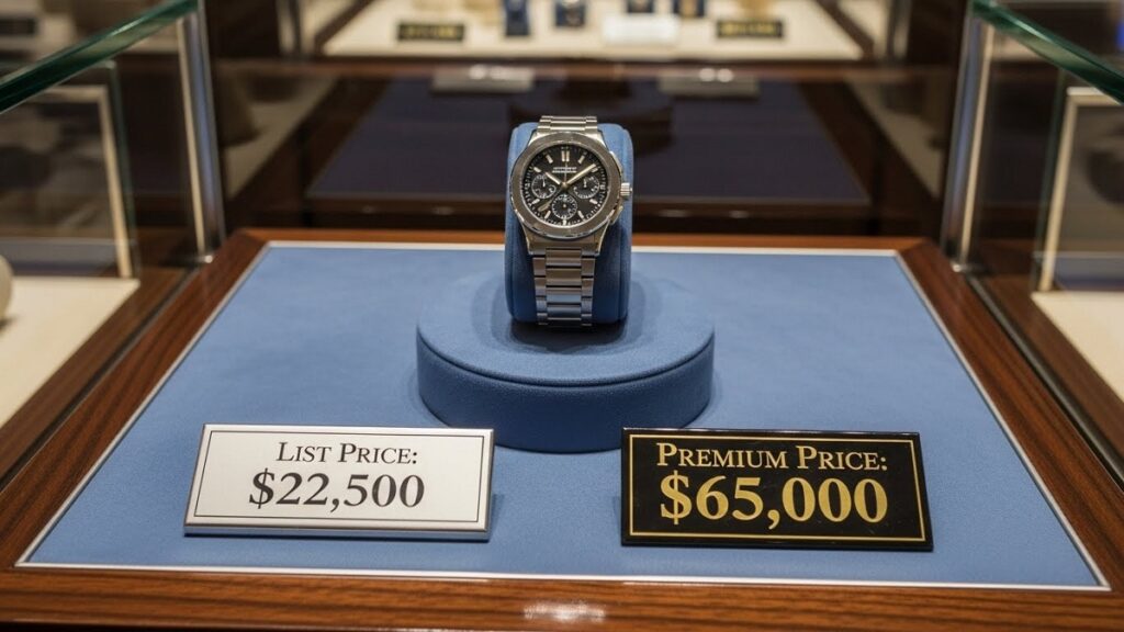 高級時計店のショーケースに展示されたアクアノート・ルーチェ。定価とプレミア価格の違いを強調するような構図