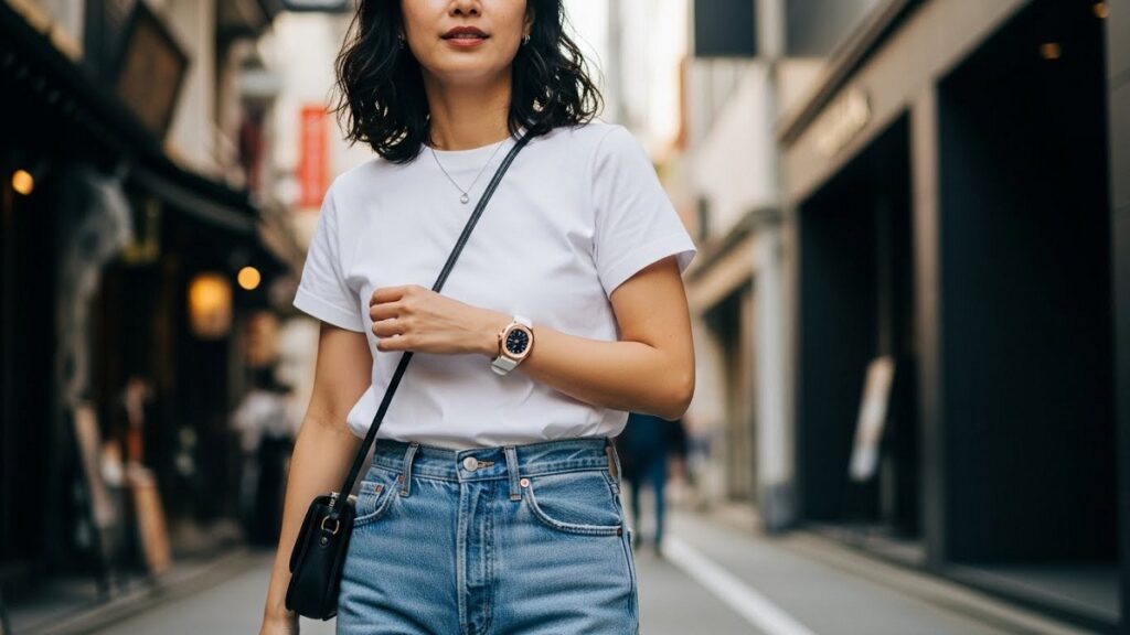 スタイリッシュな日本人女性が、Tシャツとデニムのカジュアルな服装にアクアノート・ルーチェを合わせているストリートスナップ風の画像