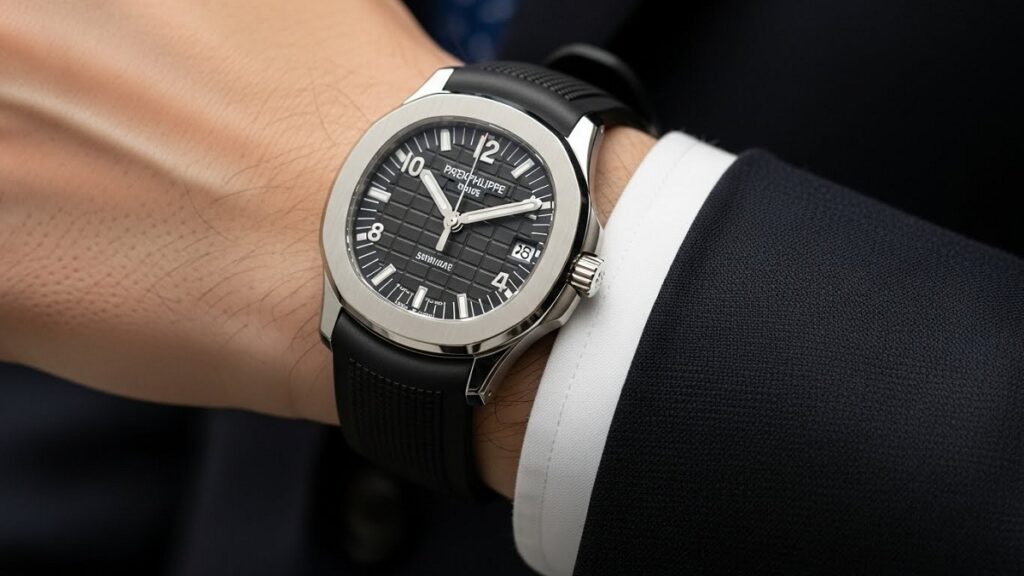 パテック フィリップ アクアノートを着用した日本人男性の手元のクローズアップ。スーツの袖口から覗くラバーベルトの時計