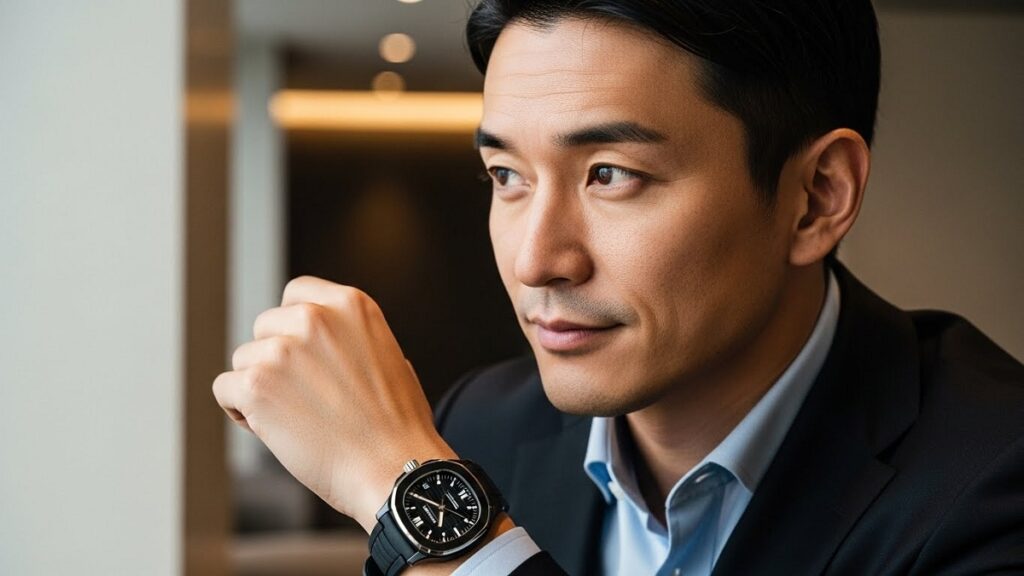 落ち着いた雰囲気の日本人男性が、ミディアムサイズのパテック フィリップ アクアノートを腕につけ、遠くを見つめている様子のポートレート