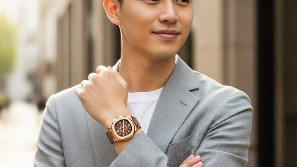 若い日本人男性が、ローズゴールドのパテック フィリップ アクアノートを着用し、スタイリッシュなポーズをとっている写真