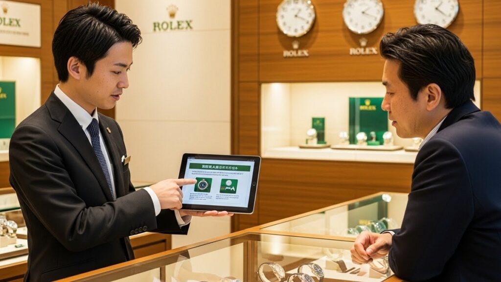 日本のロレックス正規店で、販売員がタブレットを使い顧客に新しい購入制限ルールについて説明している様子