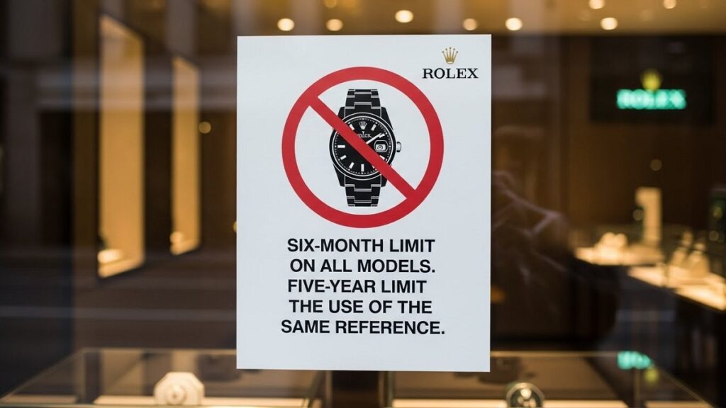 ロレックス正規店の新しい購入制限ルールを警告サインと時計のバツ印で示すビジュアル。全モデル6ヶ月制限や同一リファレンス5年制限といった厳しい規則を表現している。