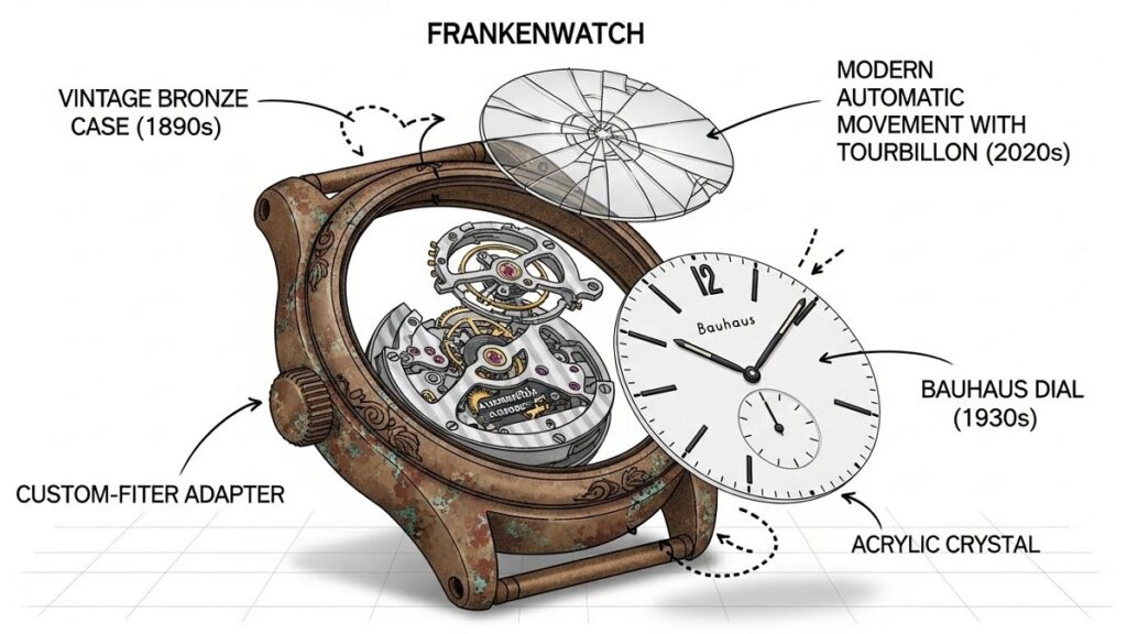 異なる製造年代の部品(ケース、ムーブメント、文字盤など)を無理やり一つに組み合わせた「ニコイチ(フランケンウォッチ)」の概念図。