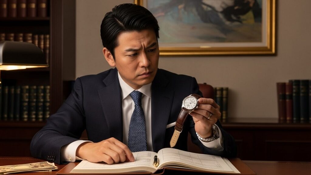 パテック フィリップの腕時計を見つめながら、購入後の維持費や資産価値について悩んでいる様子の日本人男性