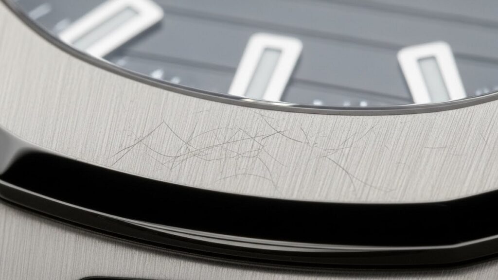 パテック フィリップ アクアノートのベゼル部分の拡大写真。サテン仕上げの表面に、光の加減で見える微細な線傷がある様子