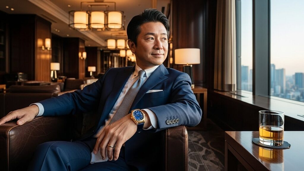 日本人男性の腕元を飾る、ラグジュアリースポーツウォッチの最高峰であるノーチラスの着用イメージ。