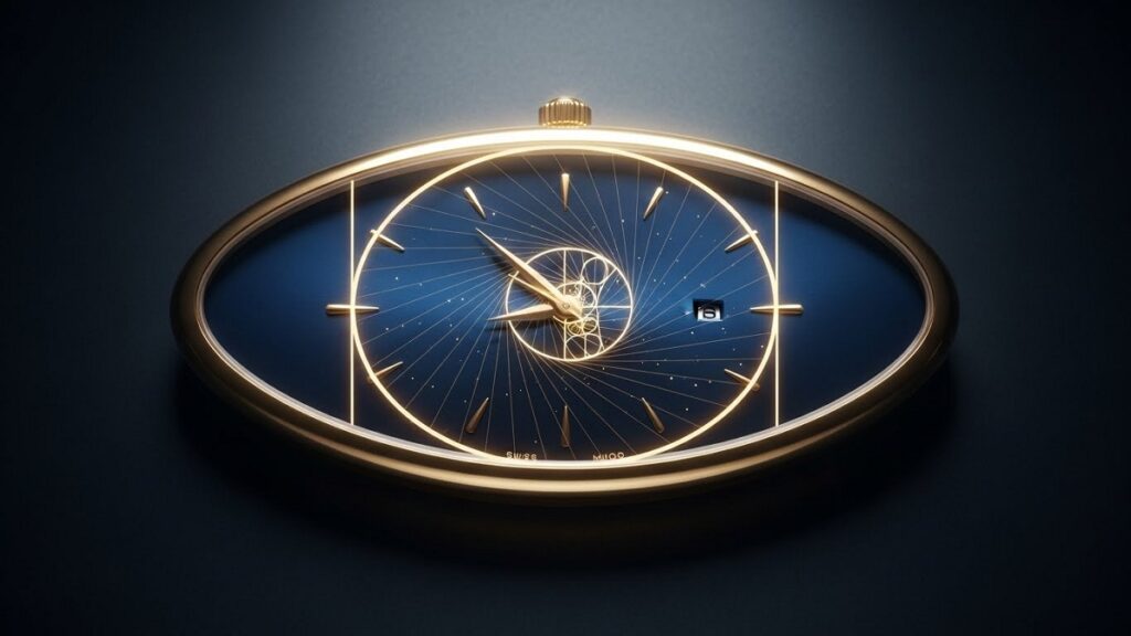 黄金比の螺旋構造と重なり合うように配置された、美しい楕円形の時計ケースの芸術的なイメージ図