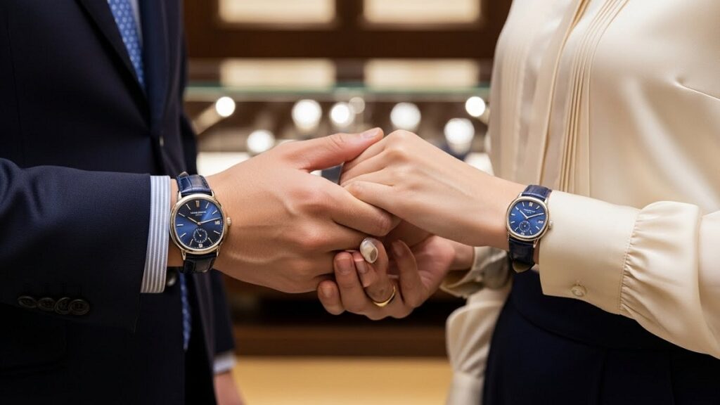 エレガントな装いの日本人カップルが手を重ね、それぞれサイズ違いのエリプスをペアウォッチとして着用しているシーン